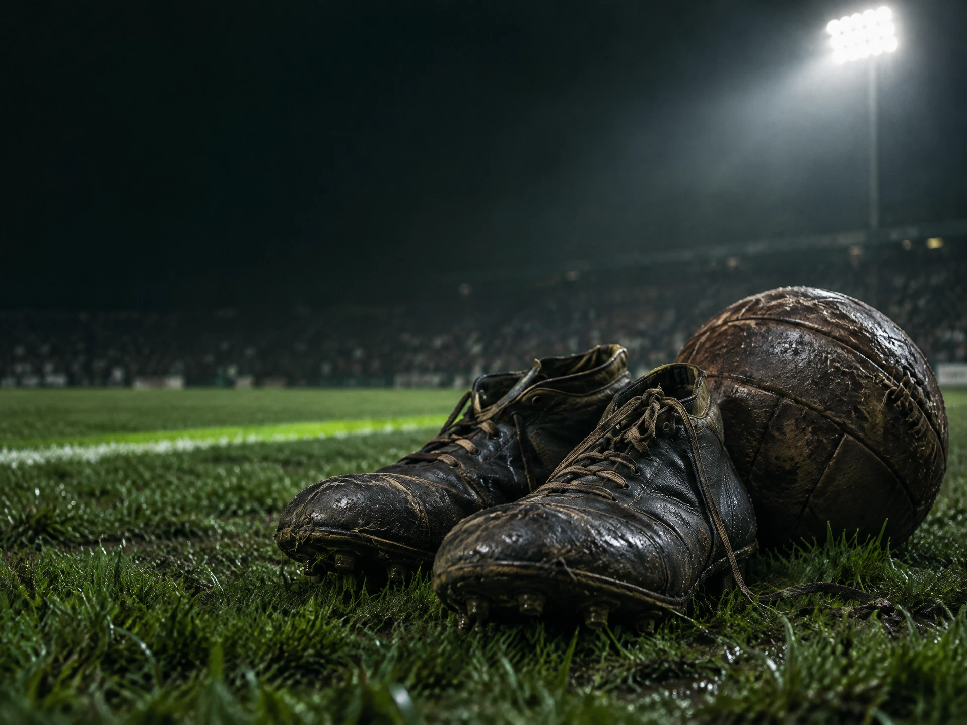 Historic football boots and a match ball on grass