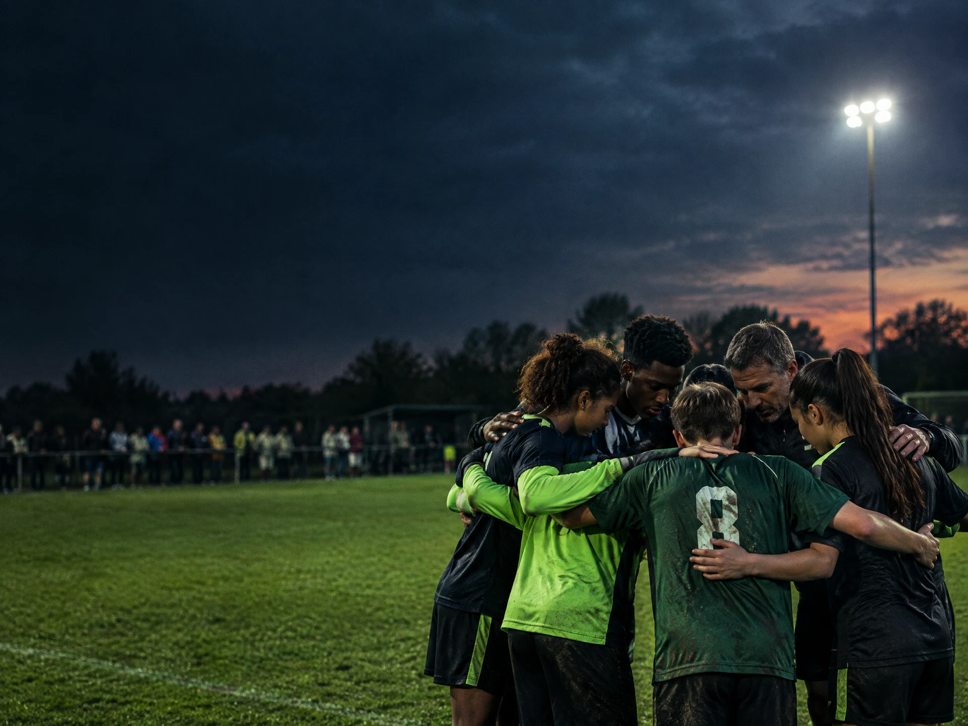 Young footballers and a former player in a floodlit huddle