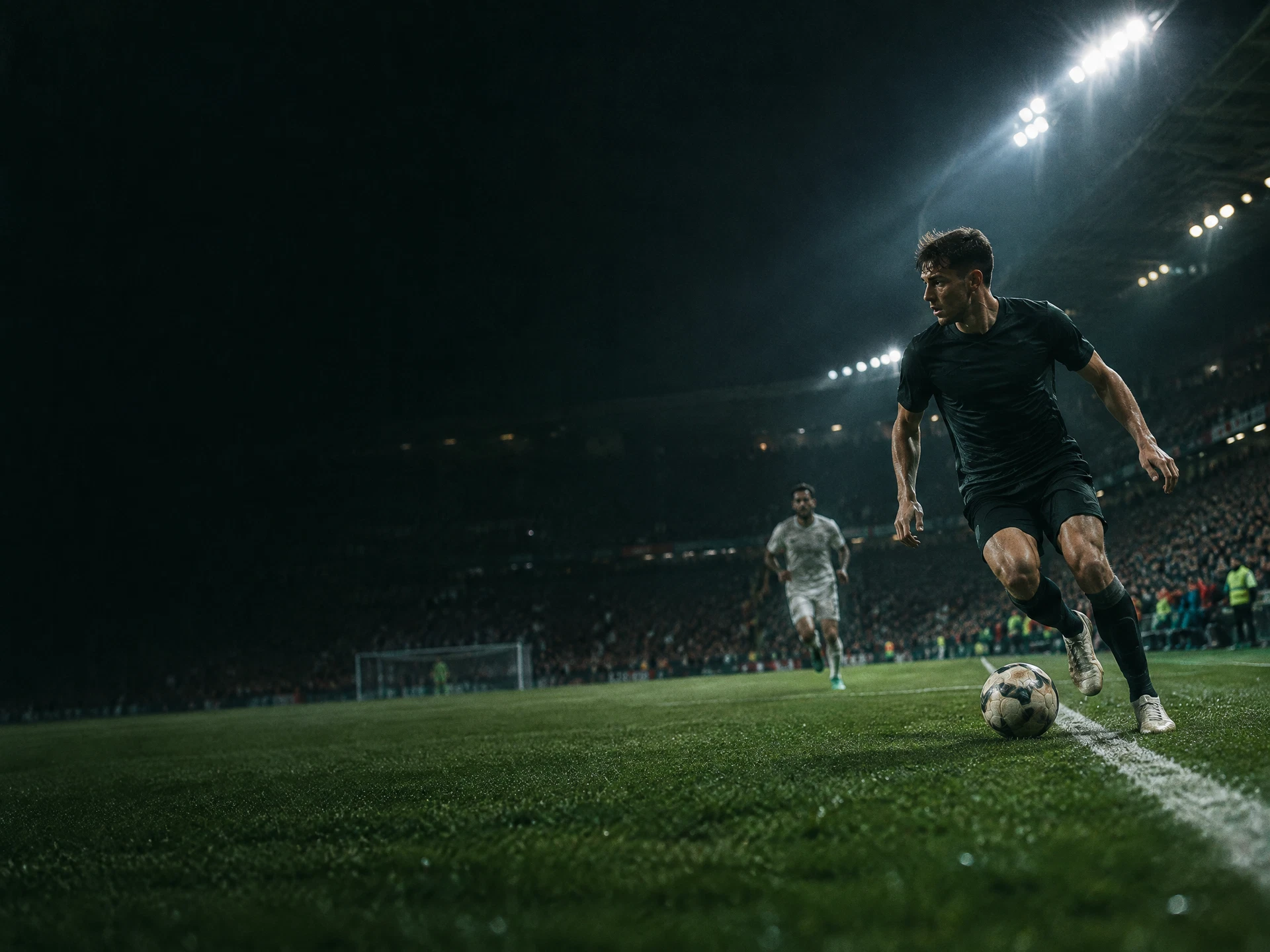 Footballer playing in a floodlit stadium