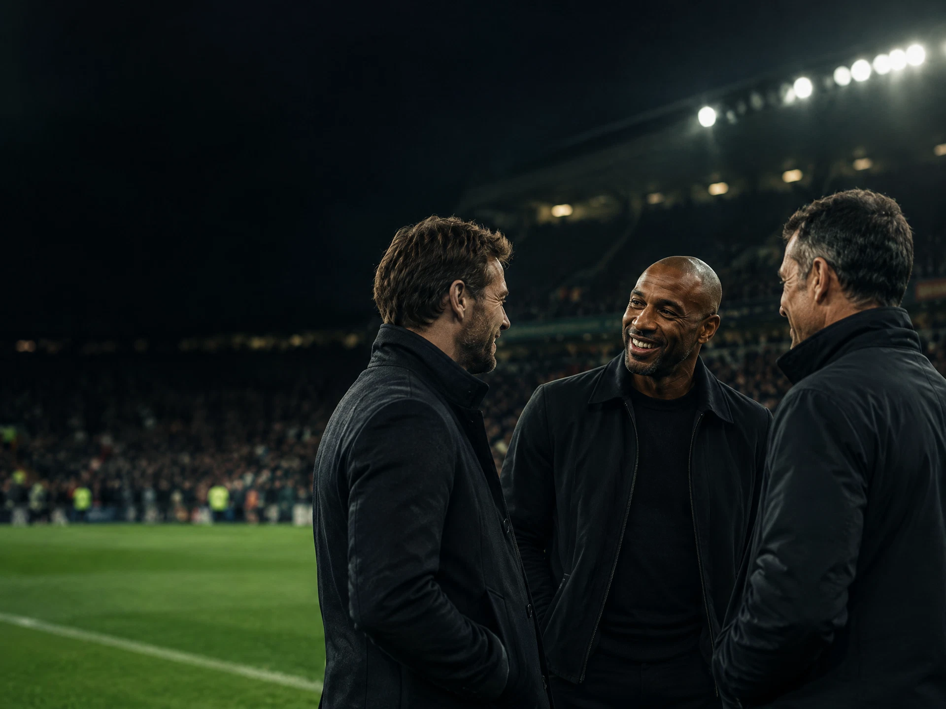 Former footballers in conversation by the touchline