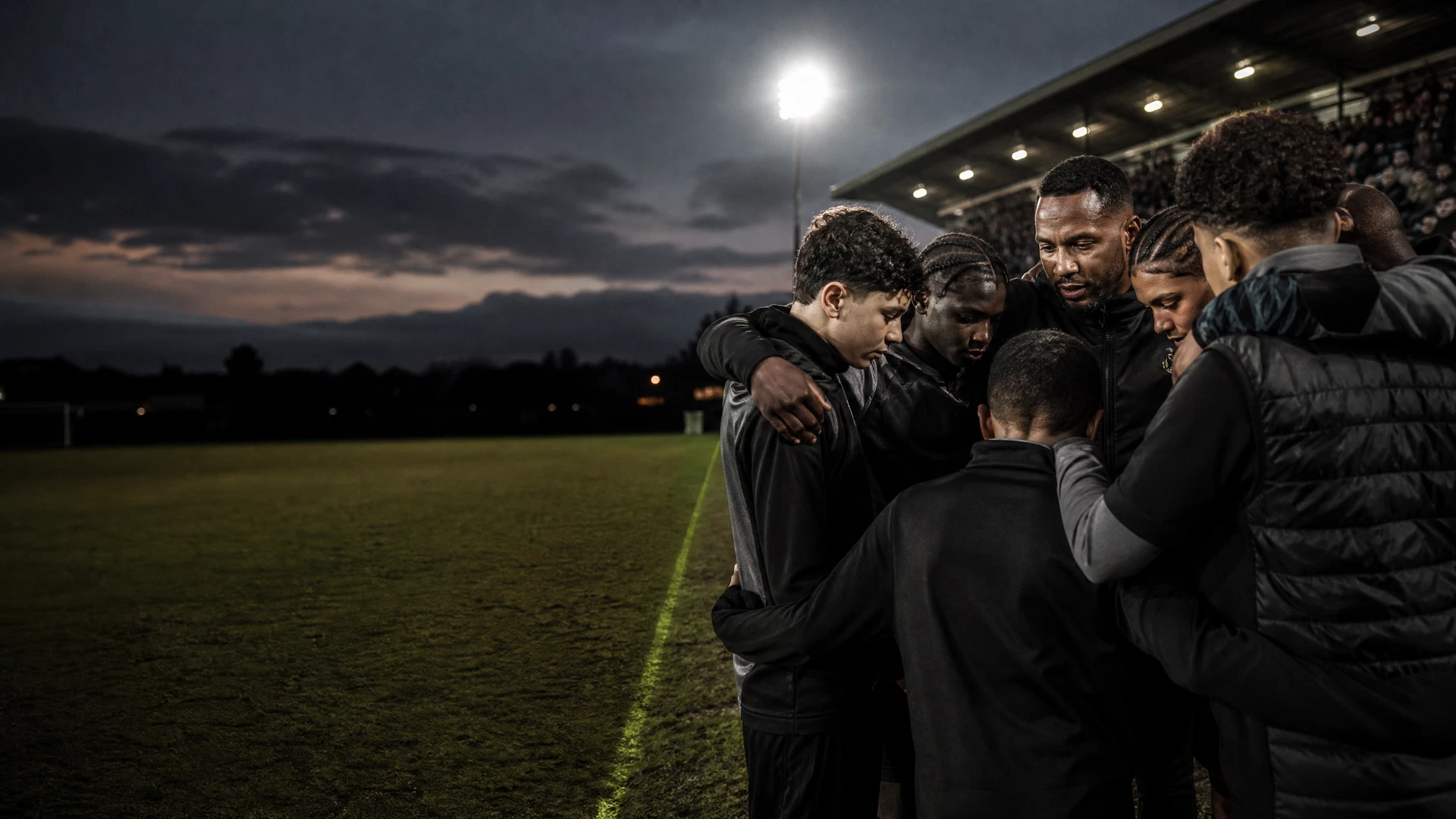 Young footballers and a former player gathered on a floodlit pitch