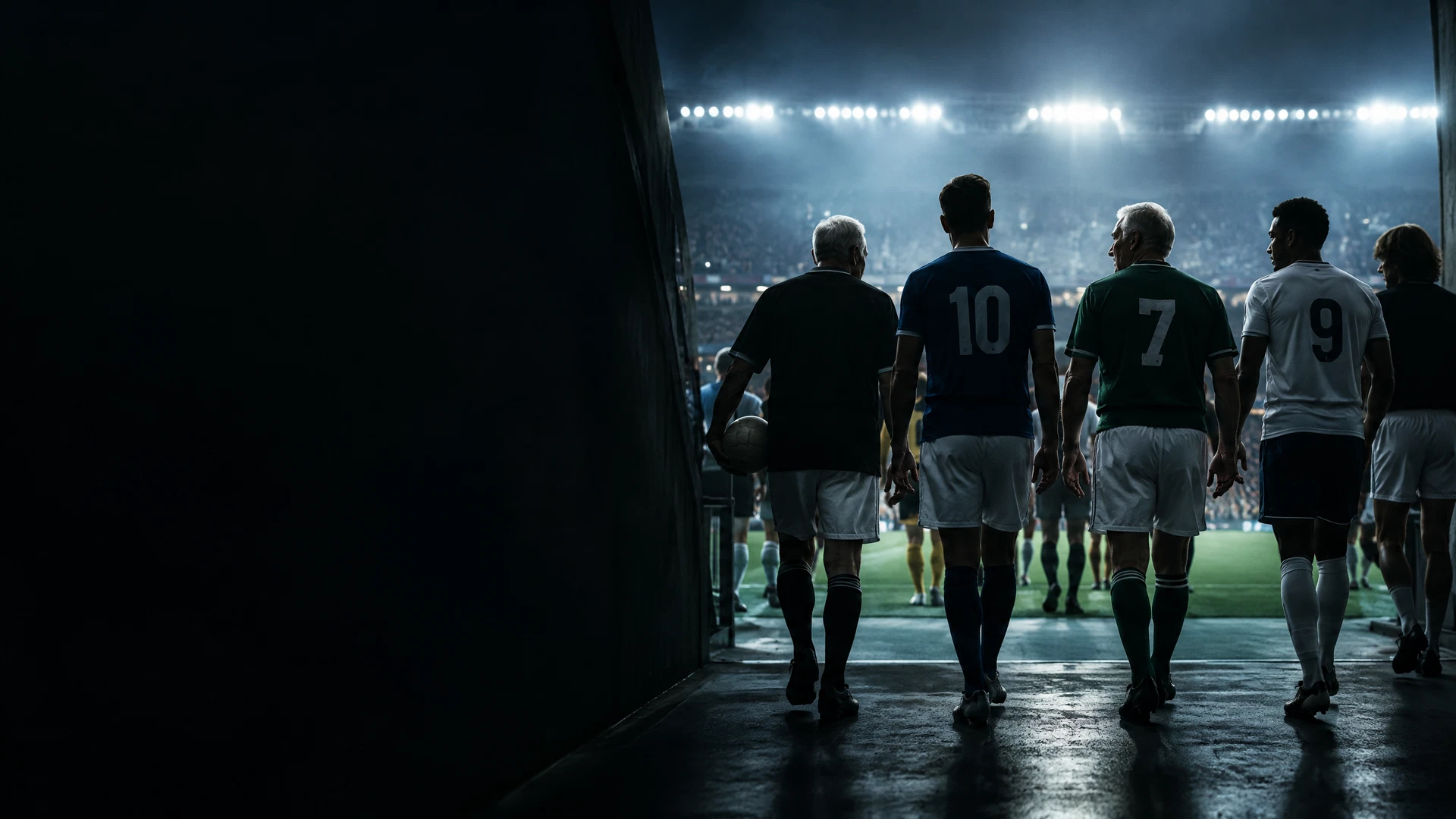 Legends and players walking toward a floodlit football pitch