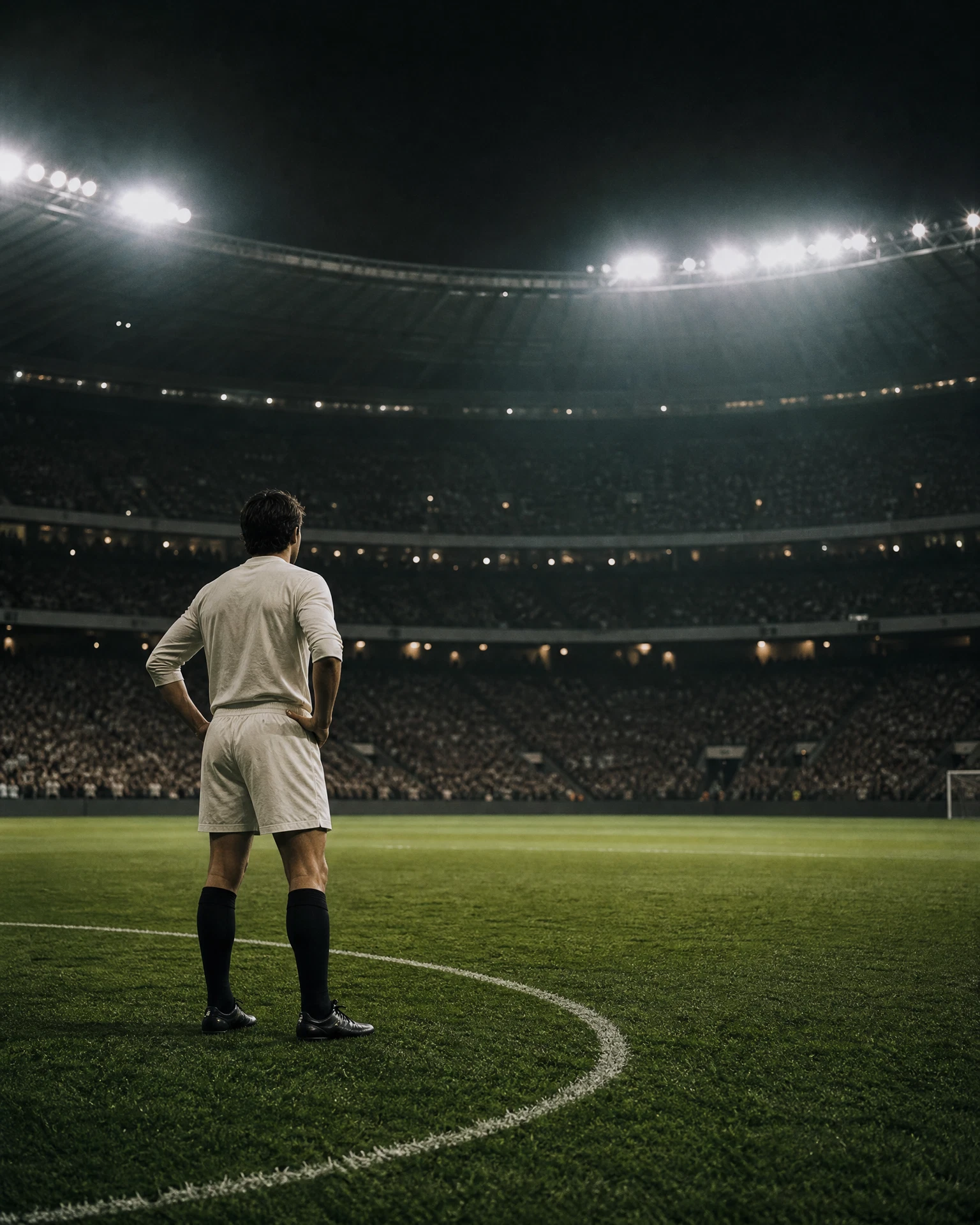 Former footballer standing beneath stadium floodlights
