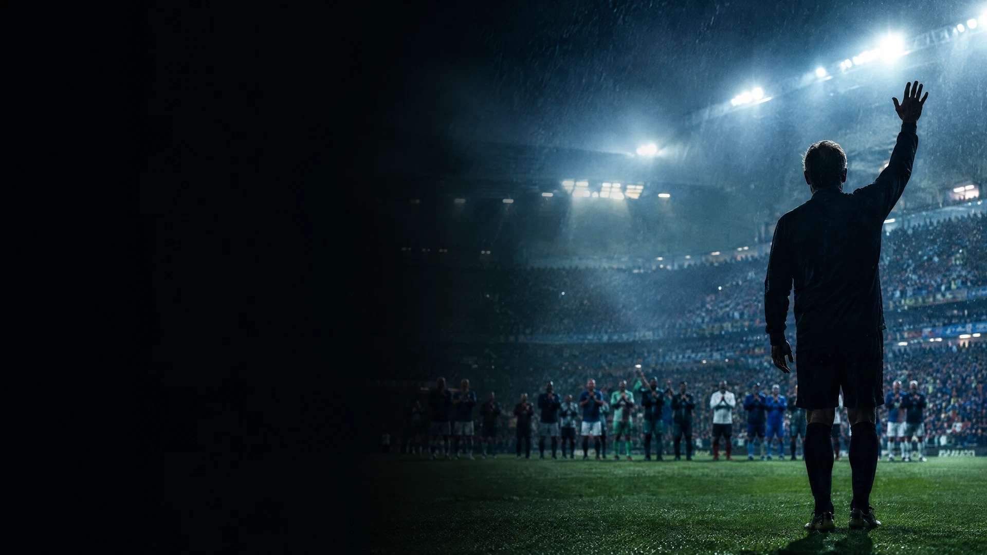 Floodlit football stadium after a Legends charity match
