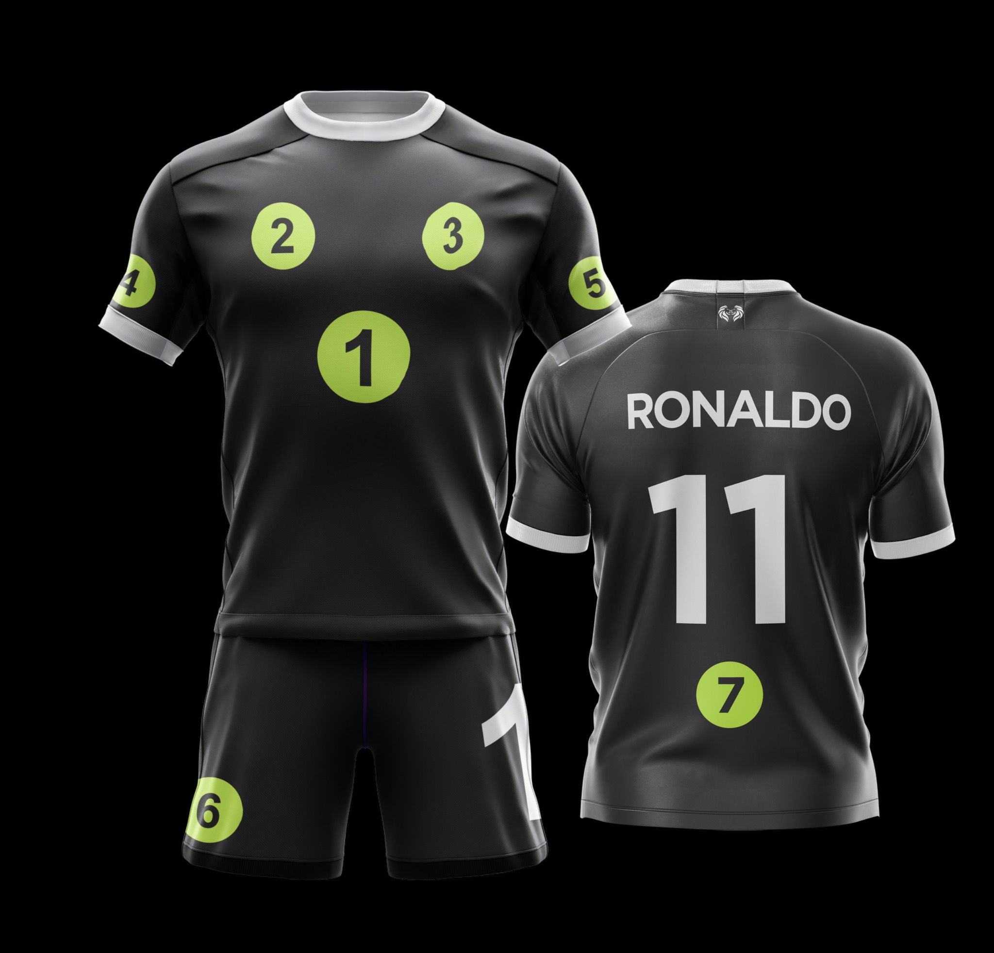 Football kit sponsorship placement guide showing front, sleeves, shorts and back positions